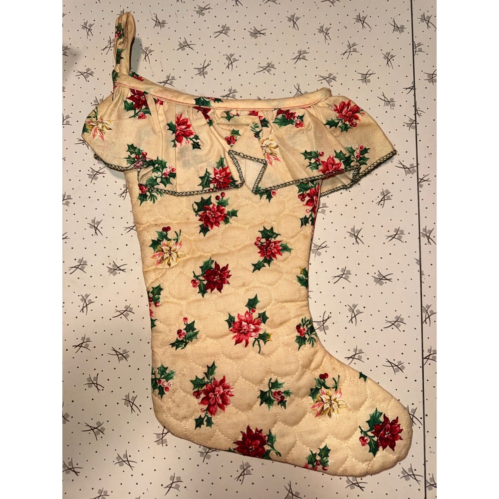 Vintage 80s Handmade Quilted Christmas Stocking Poinsettia Floral Ruffle Cream